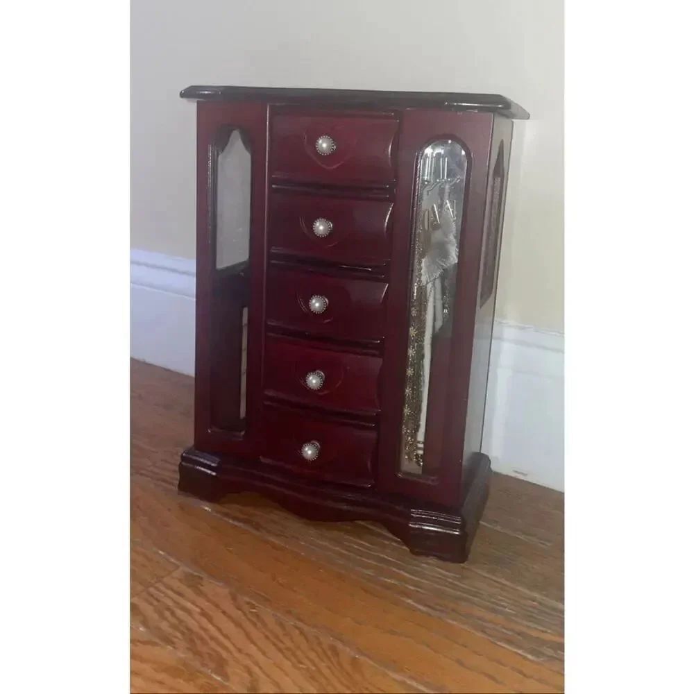 Brown Wood mini armoire chest drawer jewelry holder jewelry organizer & storage